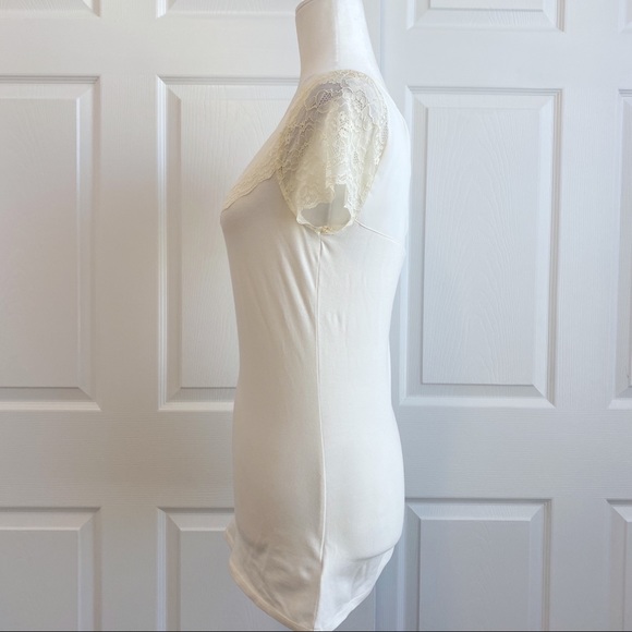 Express Sheer & Lace Short Sleeve Ivory Top Tee - Picture 5 of 7